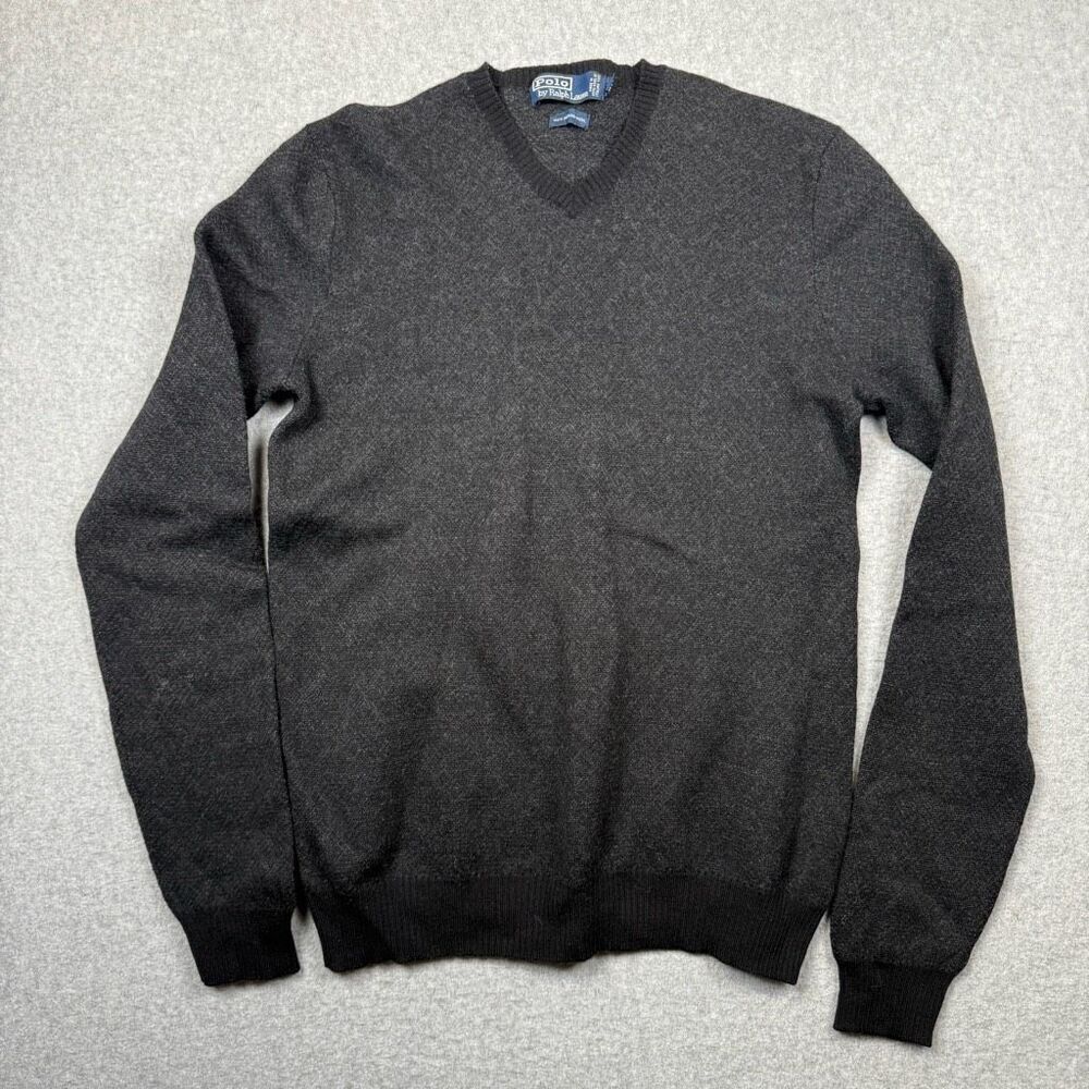 Polo by Ralph Lauren Mens Large Pullover 100% Merino Wool Sweater Gray V Neck